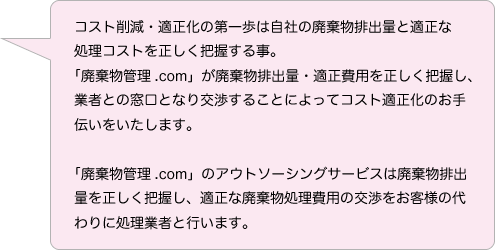 コスト削減・適正化の第一歩は自社の廃棄物排出量と適正な処理コストを正しく把握する事。「廃棄物管理.com」が廃棄物排出量・適正費用を正しく把握し、業者との窓口となり交渉することによってコスト適正化のお手伝いをいたします。「廃棄物管理.com」のアウトソーシングサービスは廃棄物排出量を正しく把握し、適正な廃棄物処理費用の交渉をお客様の代わりに処理業者と行います。