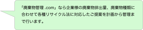 「廃棄物管理.com」なら企業様の廃棄物排出量、廃棄物種類に合わせて各種リサイクル法に対応したご提案を計画から管理まで行います。